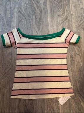 Striped Pink and Cream Boatneck Tee with Green Trim